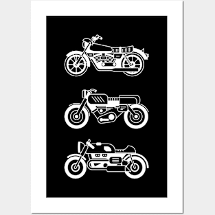 Illustration of three stylized black and white motorcycle Posters and Art